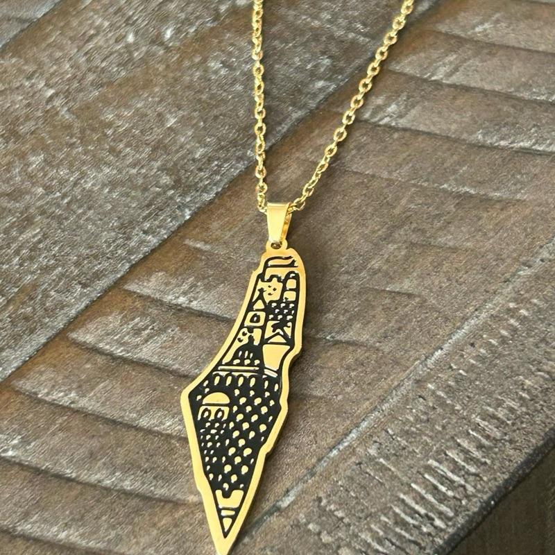 Palestine Map Necklace Gold Plated Outline with Historic Architecture Unique Design