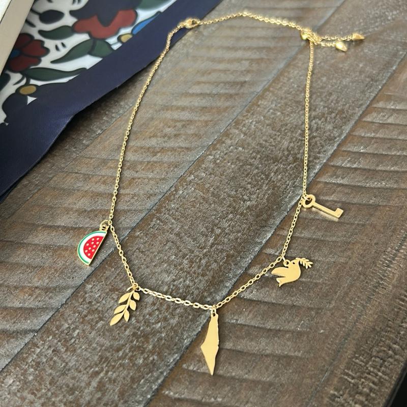 5 Charms of Palestine Necklace – Olive, Watermelon, Palestine Map, Dove and Return Key