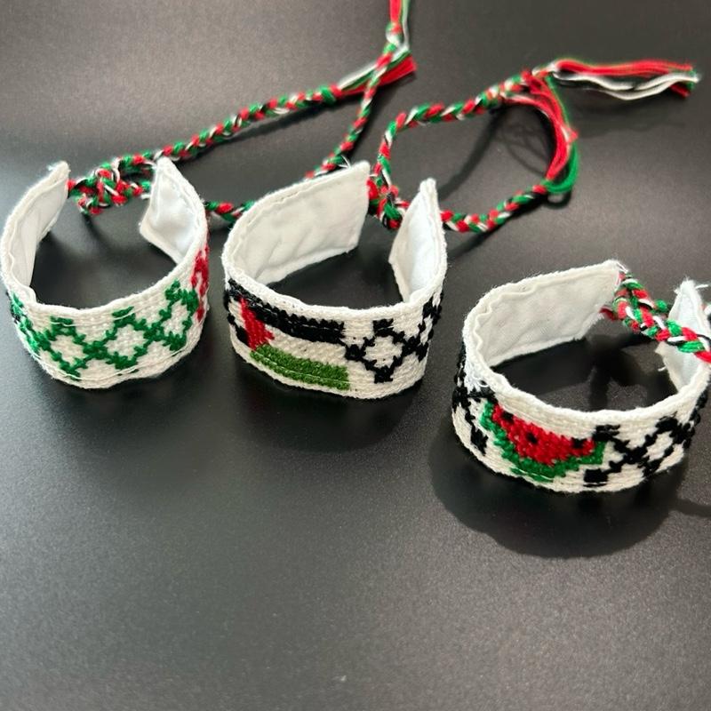 Authentic Handmade Palestinian Embroidery Handwoven Tatreez Bracelets Keffiyeh Flag Watermelon Design with Colorful Tassels Adjustable Lightweight