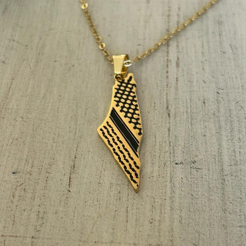 Gold-Plated Palestine Map Necklace with Keffiyeh Pattern