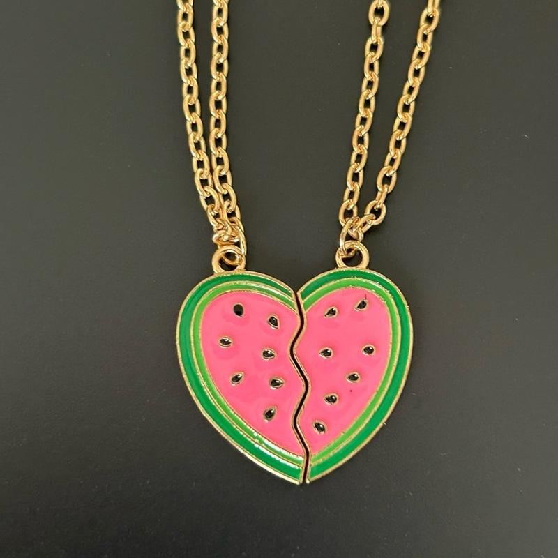 Matching Watermelon Heart Friendship Necklace Set. Split BFF Heart Jewelry
