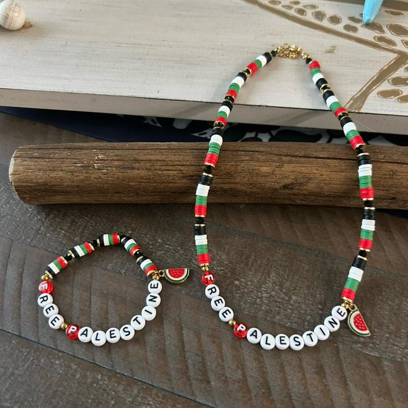 FREE PALESTINE Beaded Set Necklace & Bracelet with Flag Colors & Watermelon Charm