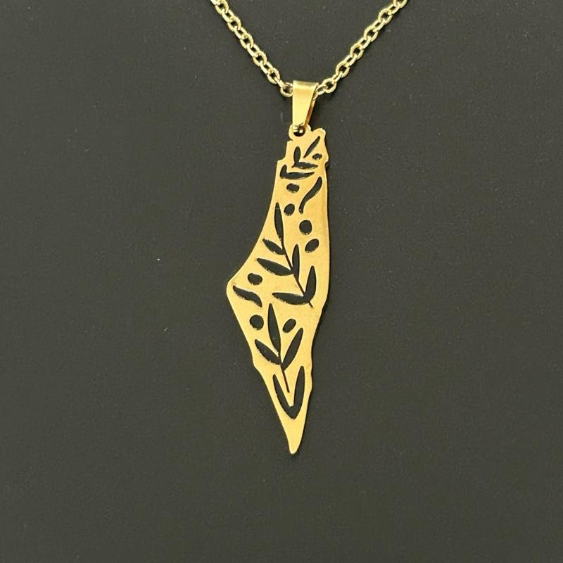 Palestine Map Necklace with Olive Branch Cutout