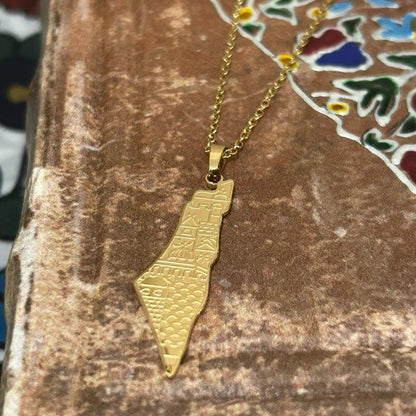 Palestine Map Necklace with Etched Palestinian Cities Design