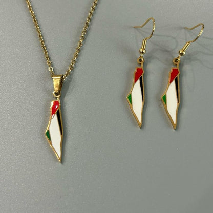 Palestine Map Draped in Flag Jewelry Set - Gold-Plated Necklace & Earrings with Red Green and White Colors