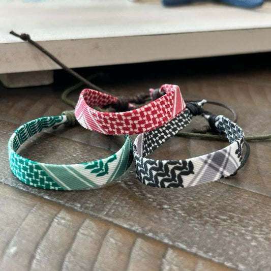 Keffiyeh Cord Bracelet - Adjustable Keffiyeh Bands in Red Black & Green Patterns.