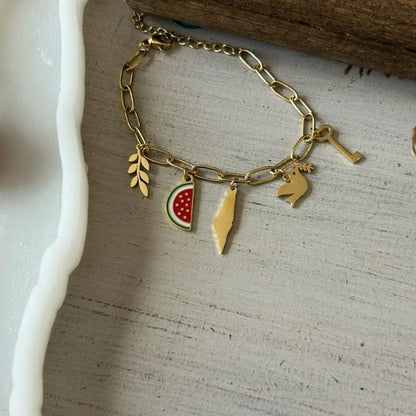 Palestinian Symbol 5 Charms Bracelet Adjustable with Olive Branch Watermelon Map Dove & Key of Return