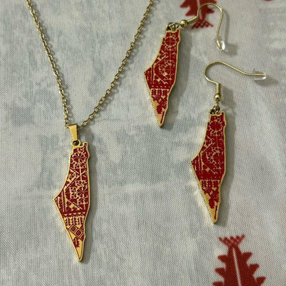 Palestine Map Necklace and Earring Set with Red Tatreez Pattern
