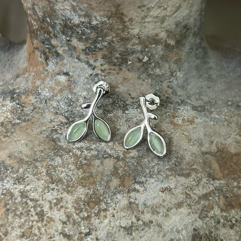 Olive Branch Stud Earrings Silver-Tone Green Leaf