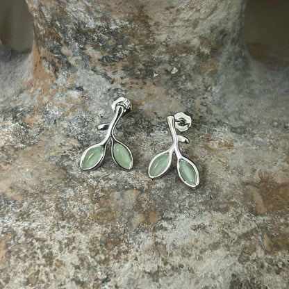 Olive Branch Stud Earrings Silver-Tone Green Leaf
