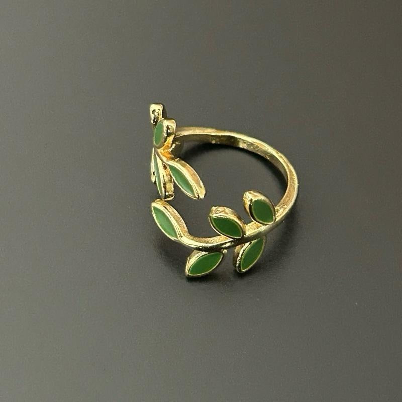 Olive Branch Adjustable Ring with Green Leaves Design