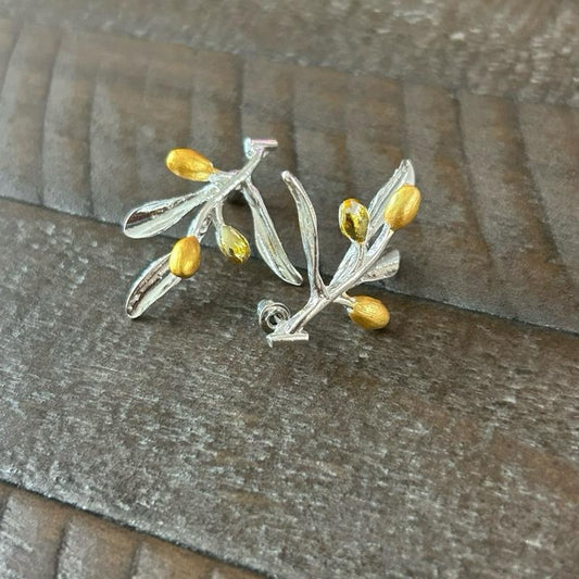 Olive Branch Earrings - Gold Accents and Silver Branch Design