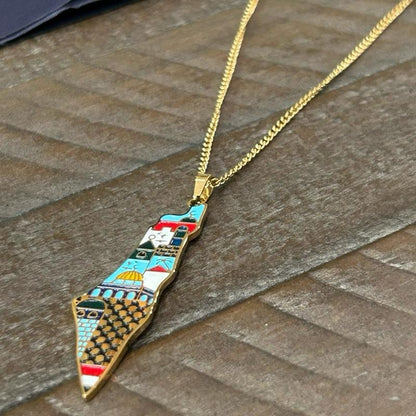 Colorful Palestine Map Necklace with Landmarks & Culture