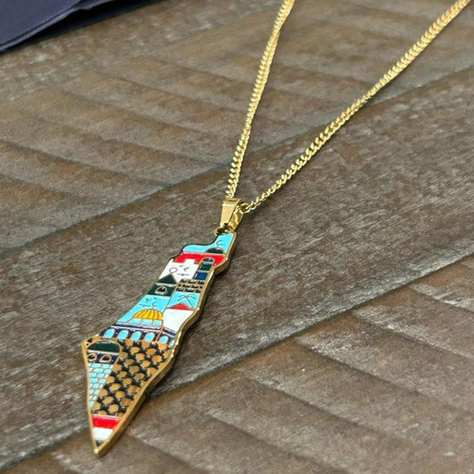 Colorful Palestine Map Necklace with Landmarks & Culture