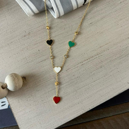 Palestine Flag Hearts Y Necklace – Red/Green/Black/White Enamel, Crystal Accents, Adjustable