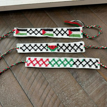 Authentic Handmade Palestinian Embroidery Handwoven Tatreez Bracelets Keffiyeh Flag Watermelon Design with Colorful Tassels Adjustable Lightweight