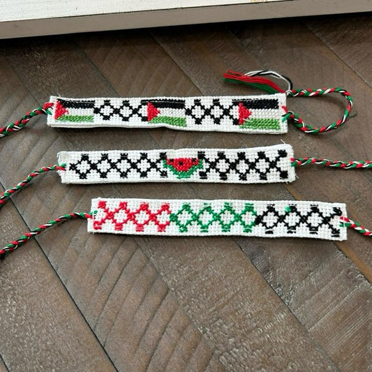 Authentic Handmade Palestinian Embroidery Handwoven Tatreez Bracelets Keffiyeh Flag Watermelon Design with Colorful Tassels Adjustable Lightweight