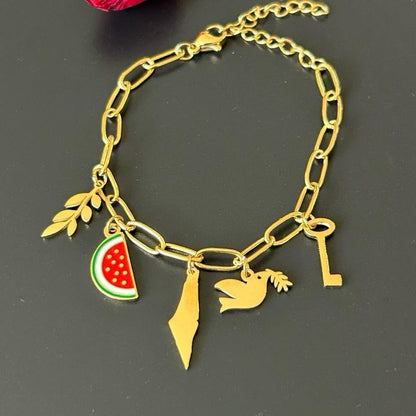 Palestinian Symbol 5 Charms Bracelet Adjustable with Olive Branch Watermelon Map Dove & Key of Return