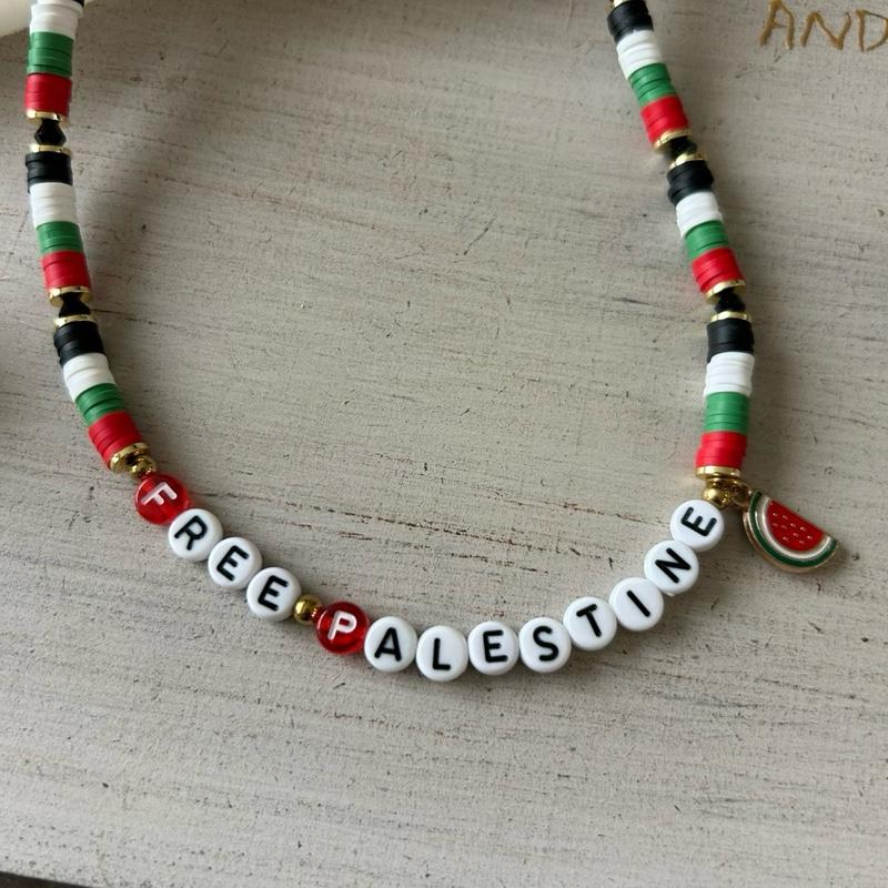 FREE PALESTINE Necklace for Women, Men and Girls – Beaded Jewelry in Palestine Flag Colors with Watermelon Charm