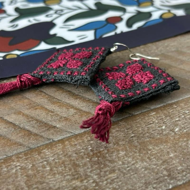 Handmade Palestinian Tatreez Earrings – Made in Palestine Maroon Floral Embroidery