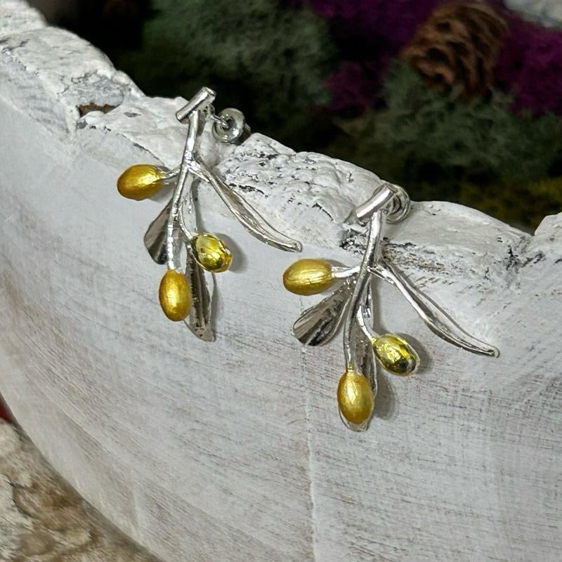 Olive Branch Earrings - Gold Accents and Silver Branch Design