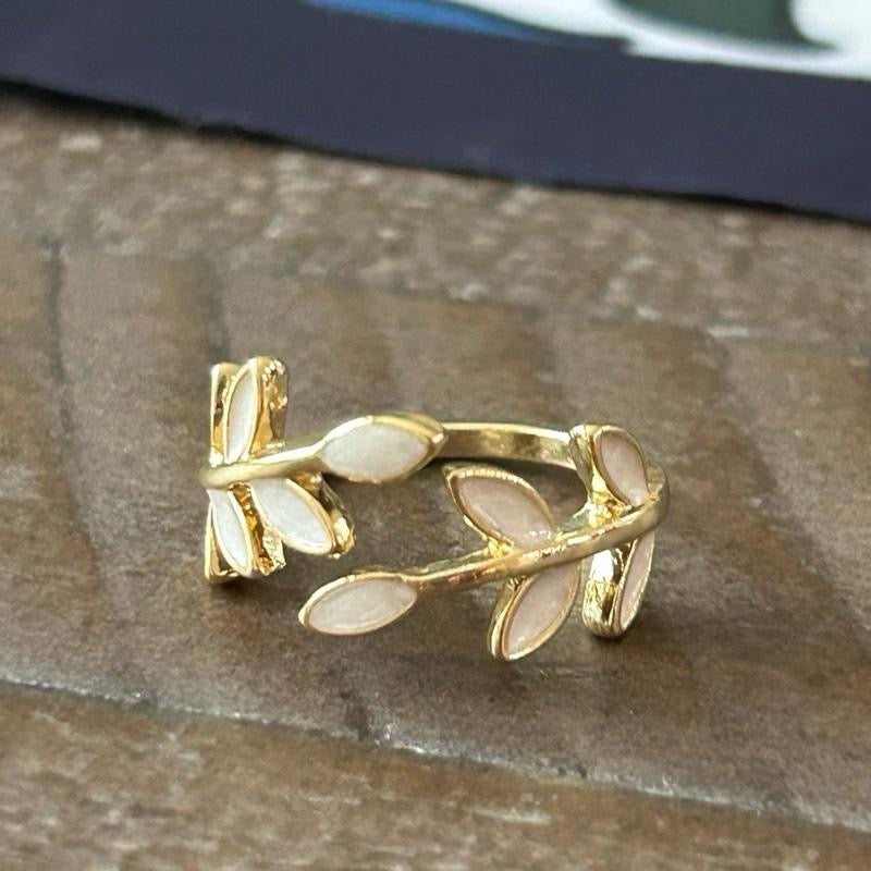 Olive Branch Ring Adjustable Symbol of Peace & Resilience with White Enamel Leaves