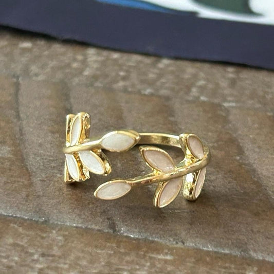 Olive Branch Ring Adjustable Symbol of Peace & Resilience with White Enamel Leaves