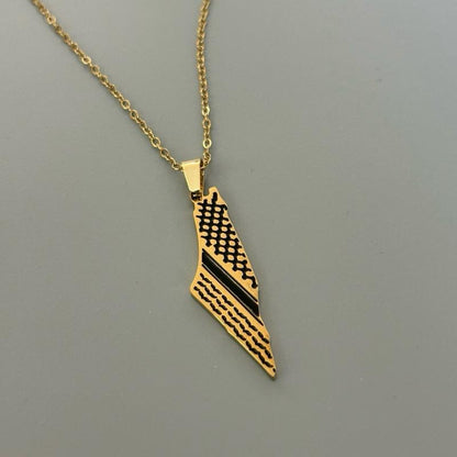 Gold-Plated Palestine Map Necklace with Keffiyeh Pattern