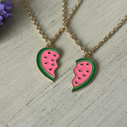 Matching Watermelon Heart Friendship Necklace Set. Split BFF Heart Jewelry