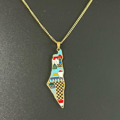 Colorful Palestine Map Necklace with Landmarks & Culture