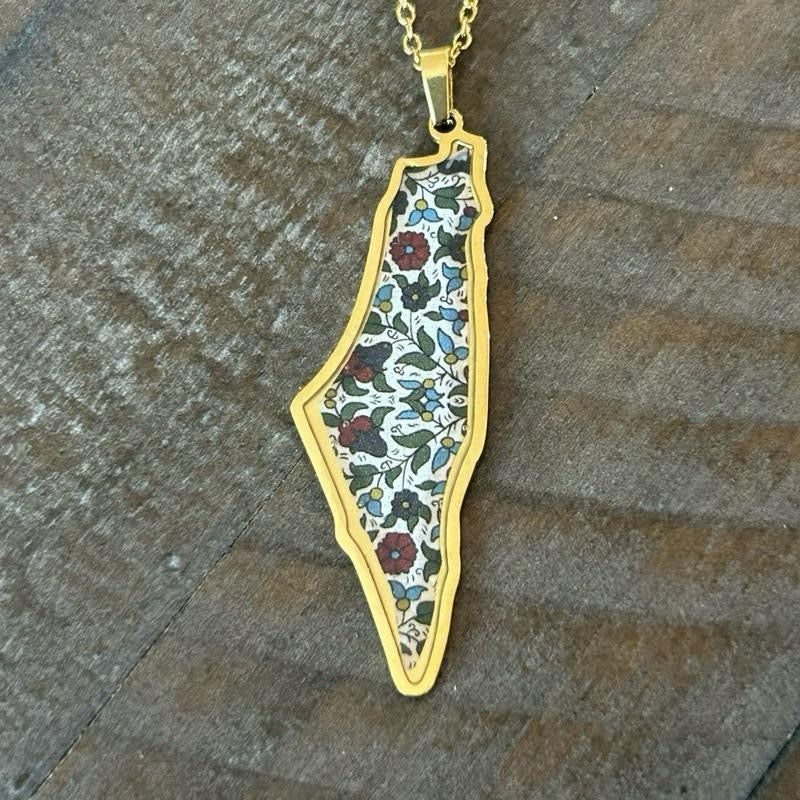 Palestine Map Necklace with Hebron Floral Pattern