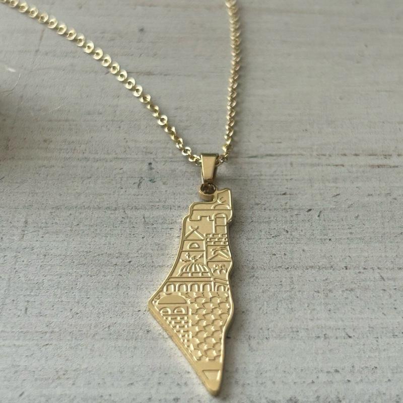 Palestine Map Necklace with Etched Palestinian Cities Design