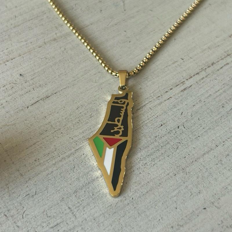 Palestine Map Necklace with Flag and Arabic Calligraphy Palestine فلسطين