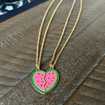 Matching Watermelon Heart Friendship Necklace Set. Split BFF Heart Jewelry
