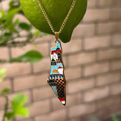 Colorful Palestine Map Necklace with Landmarks & Culture