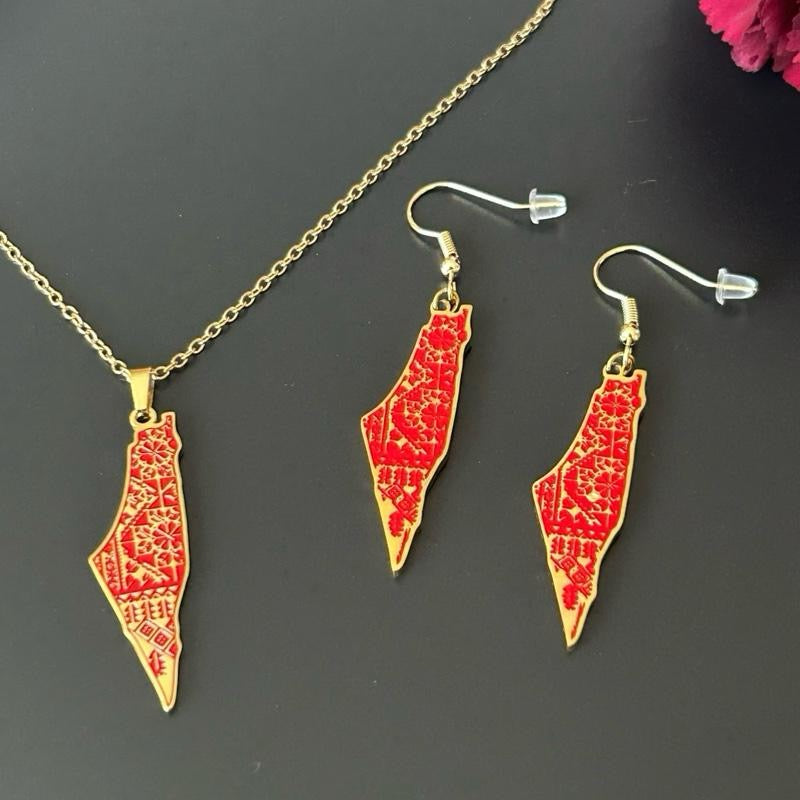 Palestine Map Necklace and Earring Set with Red Tatreez Pattern