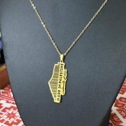 “Made in Palestine” Map Necklace – Barcode Pendant with Arabic Calligraphy