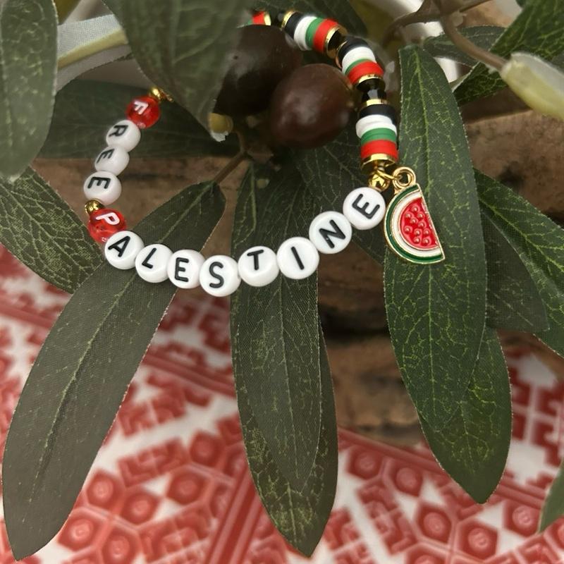 Free Palestine Beaded Bracelet with Palestinian Flag Colors & Watermelon Charm
