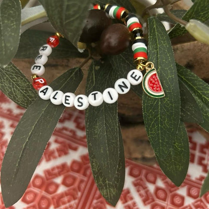 Free Palestine Beaded Bracelet with Palestinian Flag Colors & Watermelon Charm