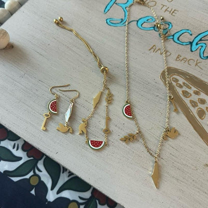 Palestine 5 Charms Necklace Earrings & Bracelet Set Watermelon Dove Olive Branch Key of Return Symbols Jewelry for Cultural Events & Daily Wear