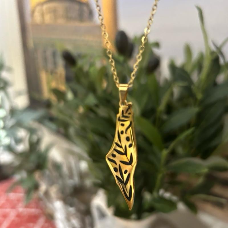 Palestine Map Necklace with Olive Branch Cutout