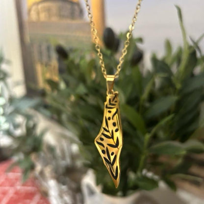 Palestine Map Necklace with Olive Branch Cutout