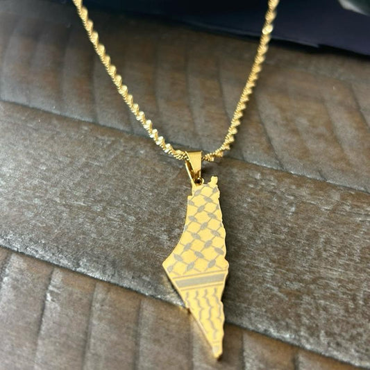 Palestine Map with Keffiyeh Pattern Necklace