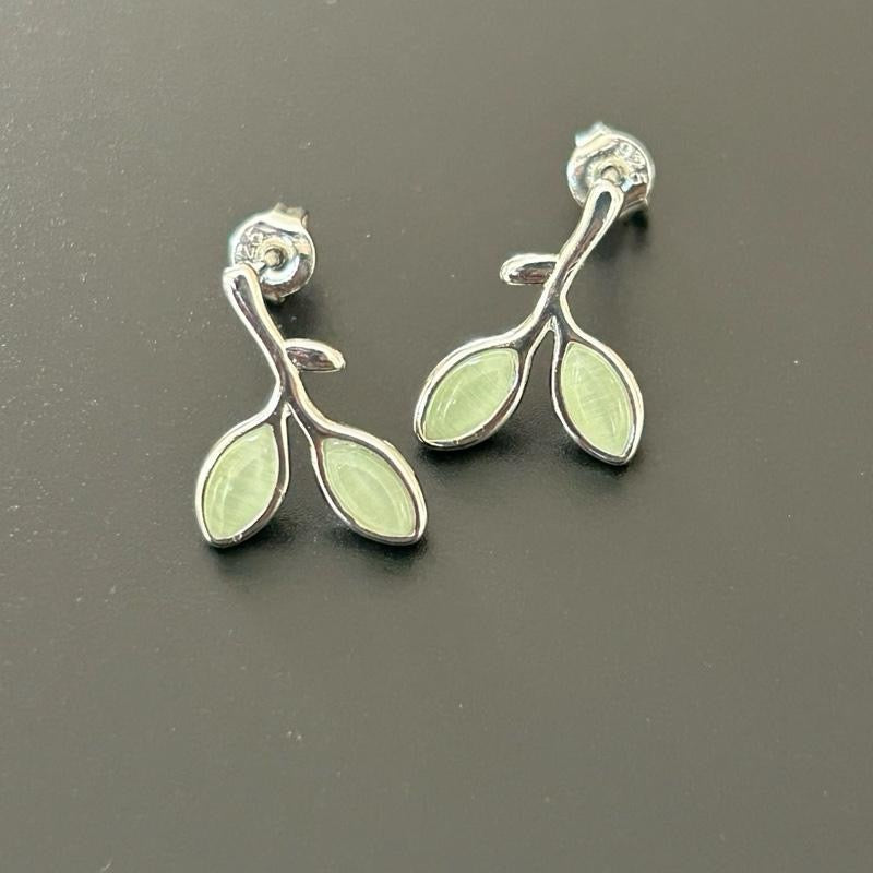 Olive Branch Stud Earrings Silver-Tone Green Leaf