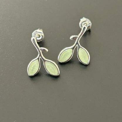 Olive Branch Stud Earrings Silver-Tone Green Leaf