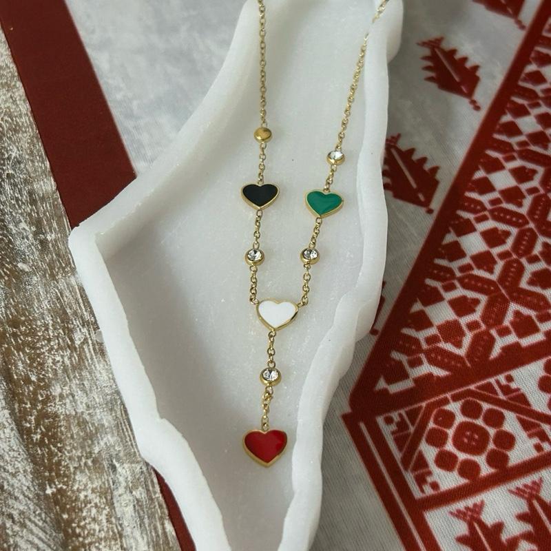 Palestine Flag Hearts Y Necklace – Red/Green/Black/White Enamel, Crystal Accents, Adjustable