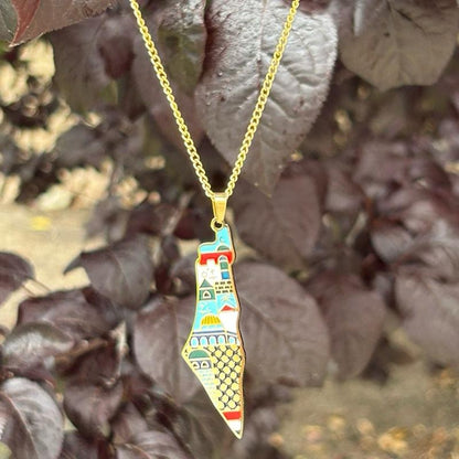 Colorful Palestine Map Necklace with Landmarks & Culture