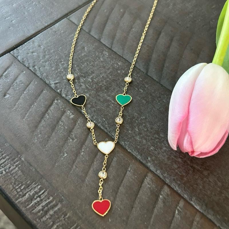 Palestine Flag Hearts Y Necklace – Red/Green/Black/White Enamel, Crystal Accents, Adjustable
