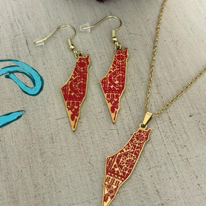 Palestine Map Necklace and Earring Set with Red Tatreez Pattern