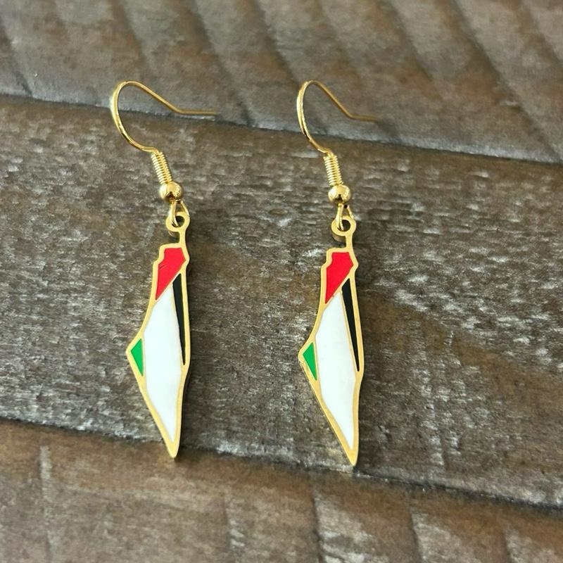 Palestine Map Draped in Flag Jewelry Set - Gold-Plated Necklace & Earrings with Red Green and White Colors